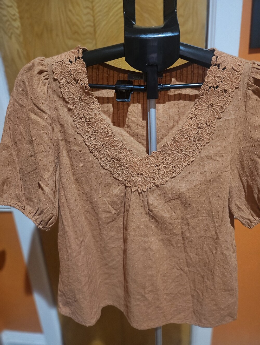 Daniel Rainn Rust Crochet-Trim Short Sleeve Blouse